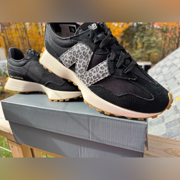 New Balance Shoes - New Balance Black and Cream Sneakers with Leopard Accent